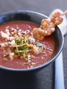 Roasted Red Pepper soup with prawns